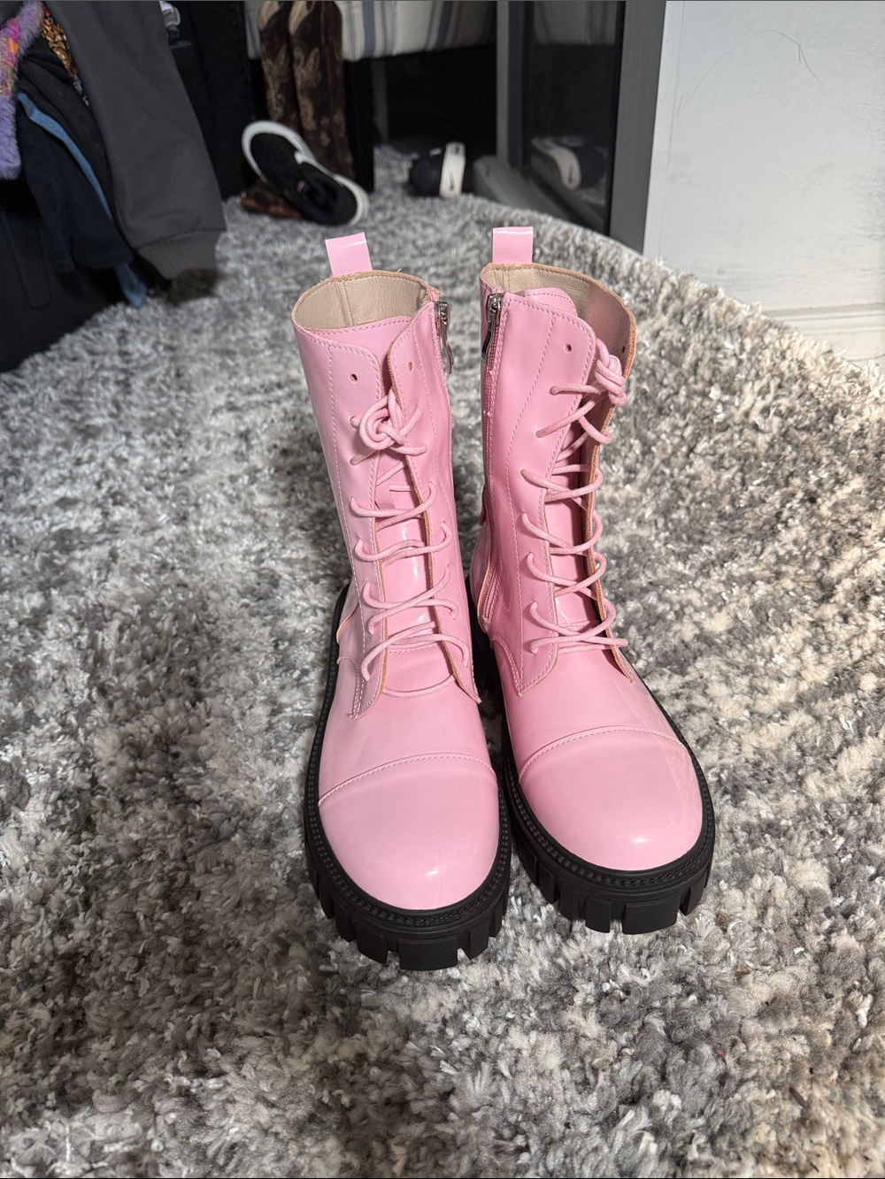 Pink Combat Platform Boots - Women's Lace-Up Fashion Boot - Picture 3 of 3